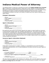 Printable  Medical Power of Attorney Document for Indiana