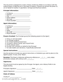 Printable  Power of Attorney Document for Indiana