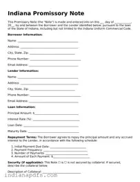 Printable  Promissory Note Document for Indiana