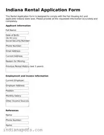 Printable  Rental Application Document for Indiana