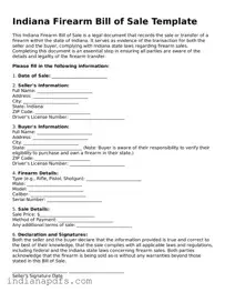 Printable  Firearm Bill of Sale Document for Indiana