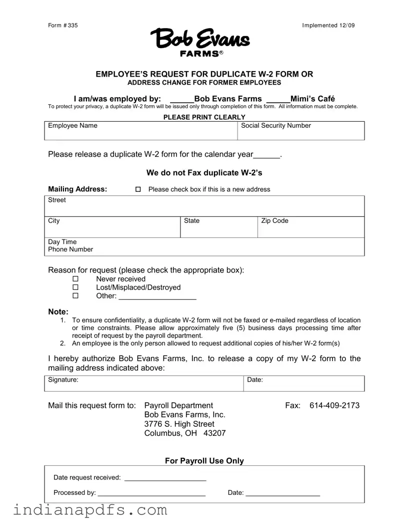 Blank W2 Bob Evans Indianapolis PDF Template